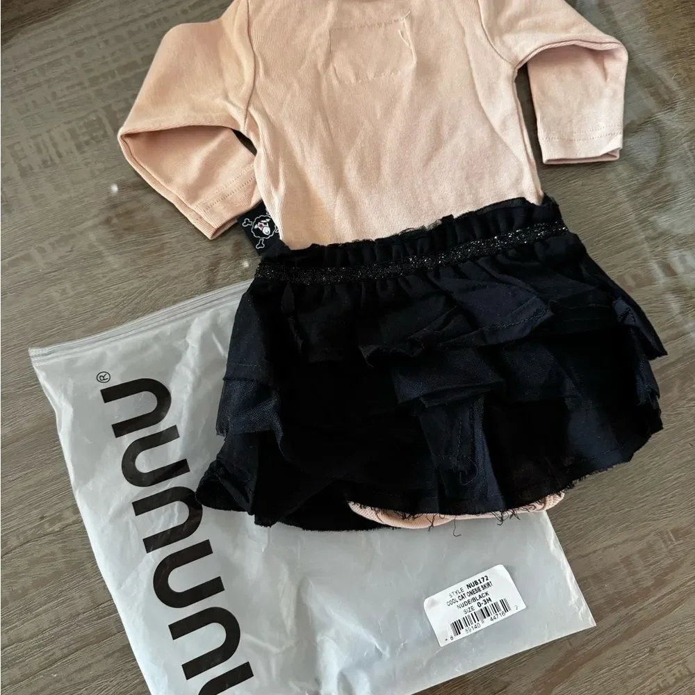 NUNUNU Cat Print Top with Black Skirt 0-3 months NWT